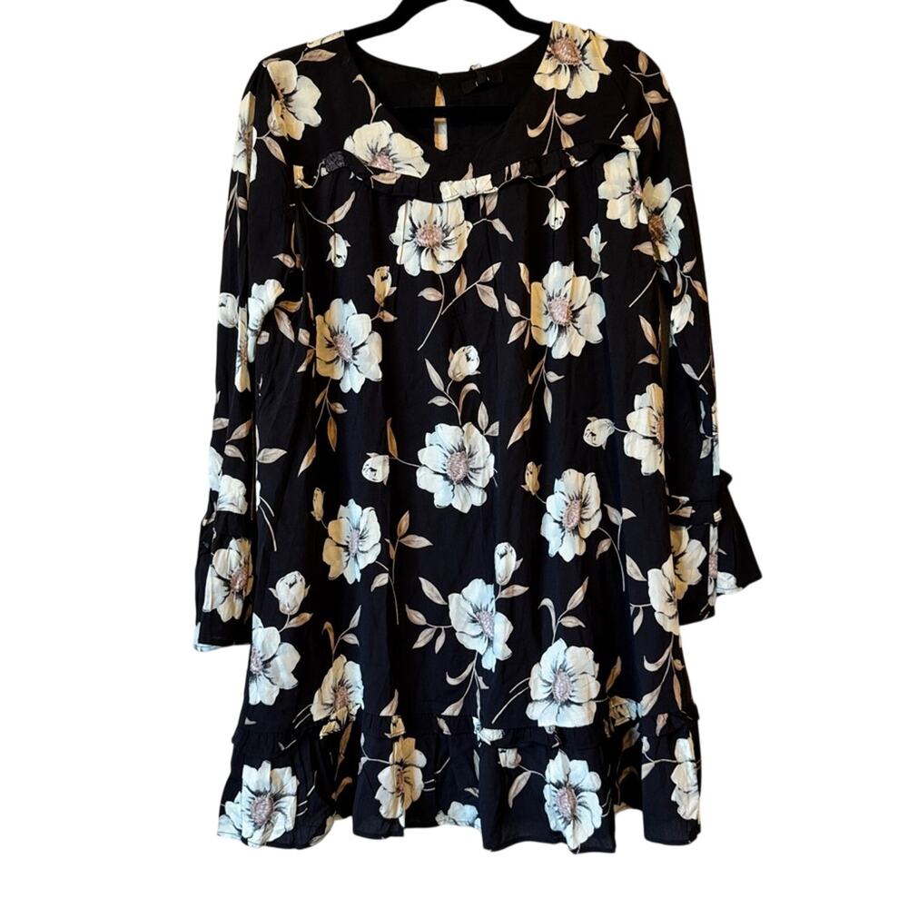 Lucca Black Cream Floral Ruffled Mini Dress Womens L Peplum Long Sleeve Coquette